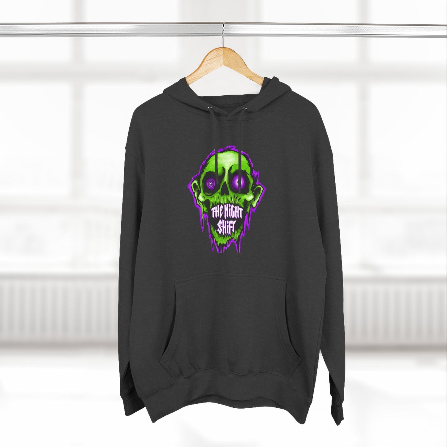 Night Shift Skull Hoodie — Green Neon Graphic Fleece Hoodie