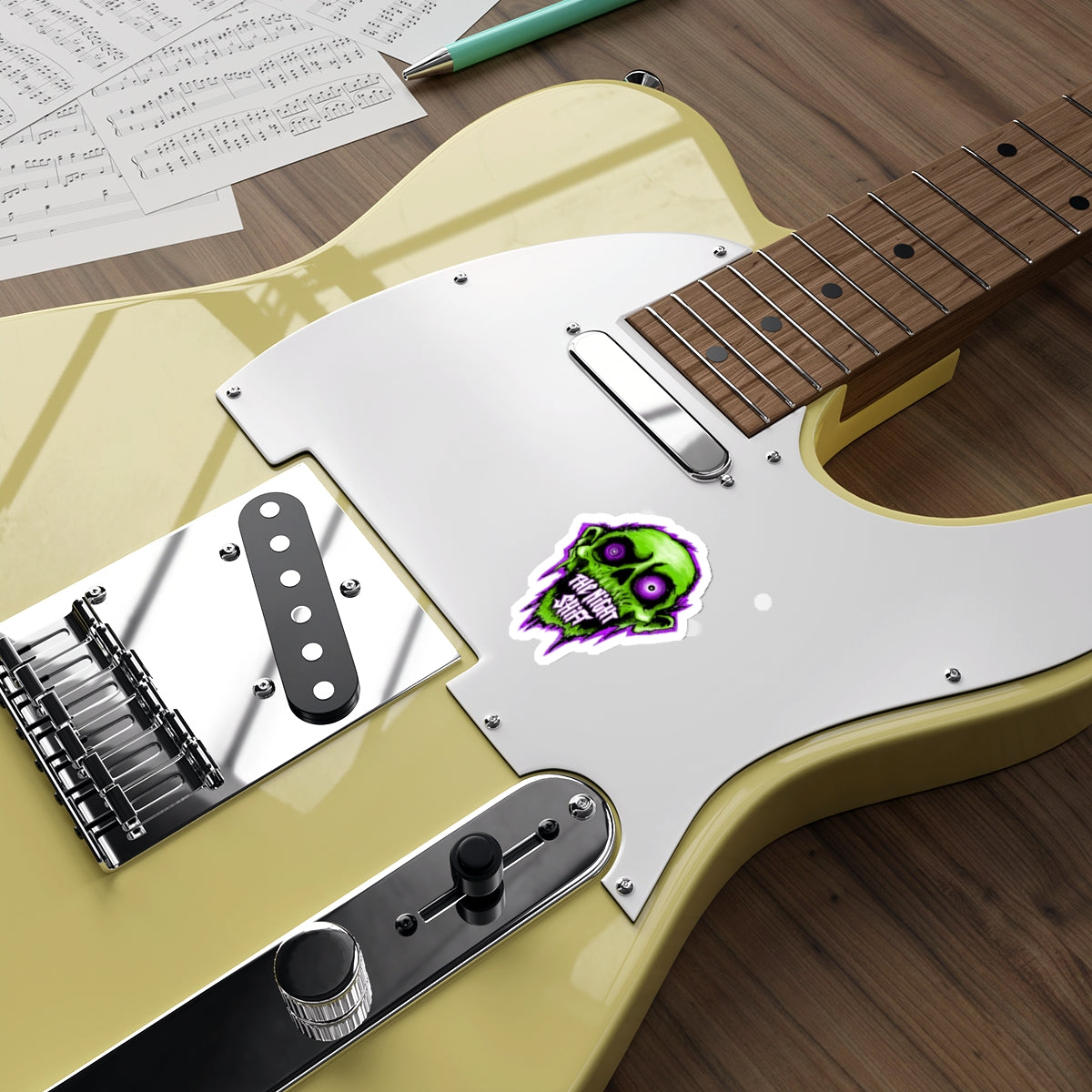 Night Shift Zombie Die-Cut Sticker — Neon Green Skull with ‘The Night Shift’ Text