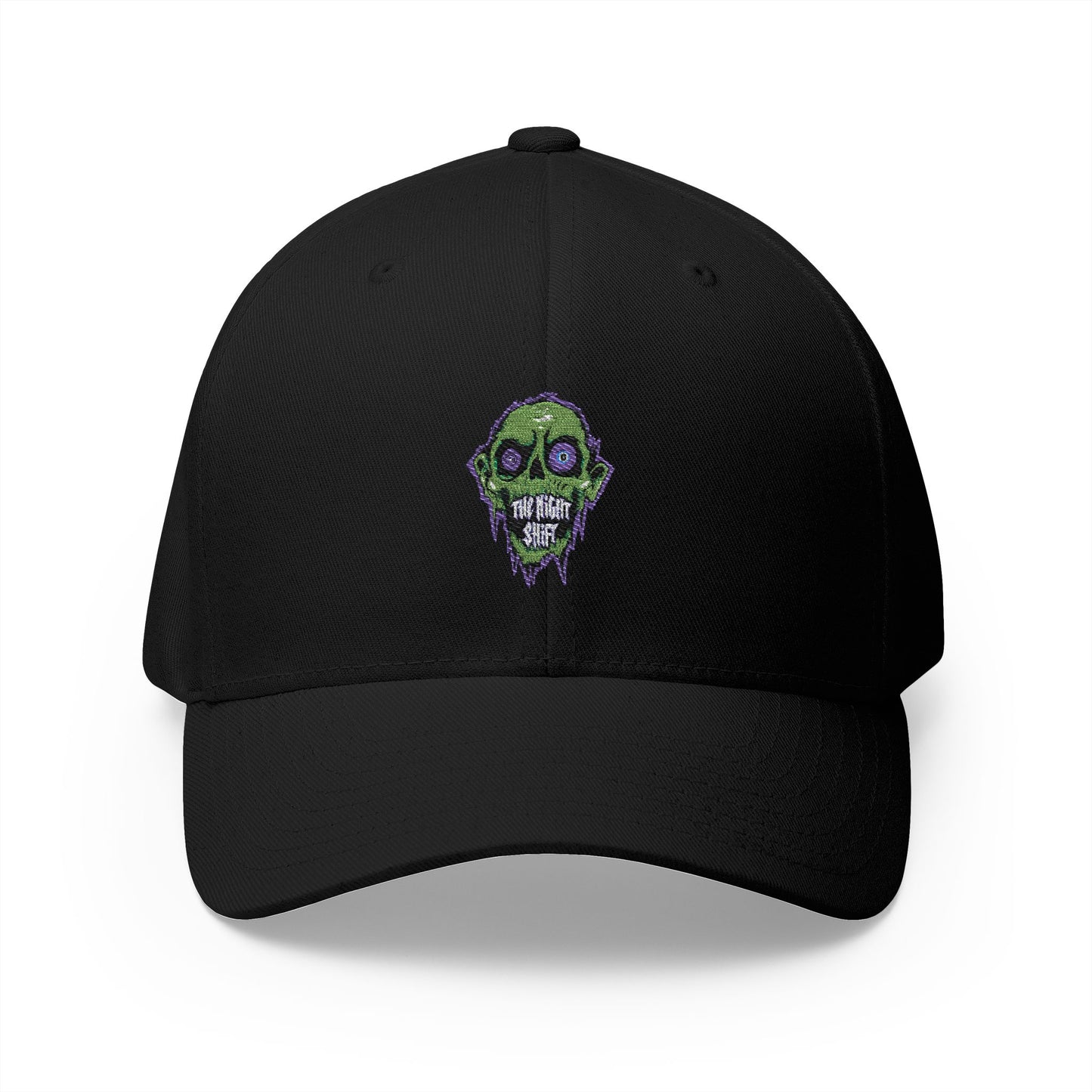 Night Shift with 99% Logo on Back — Black Structured Hat with Tiny Back Floral Accent