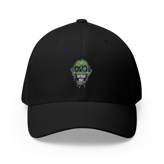 Night Shift with 99% Logo on Back — Black Structured Hat with Tiny Back Floral Accent