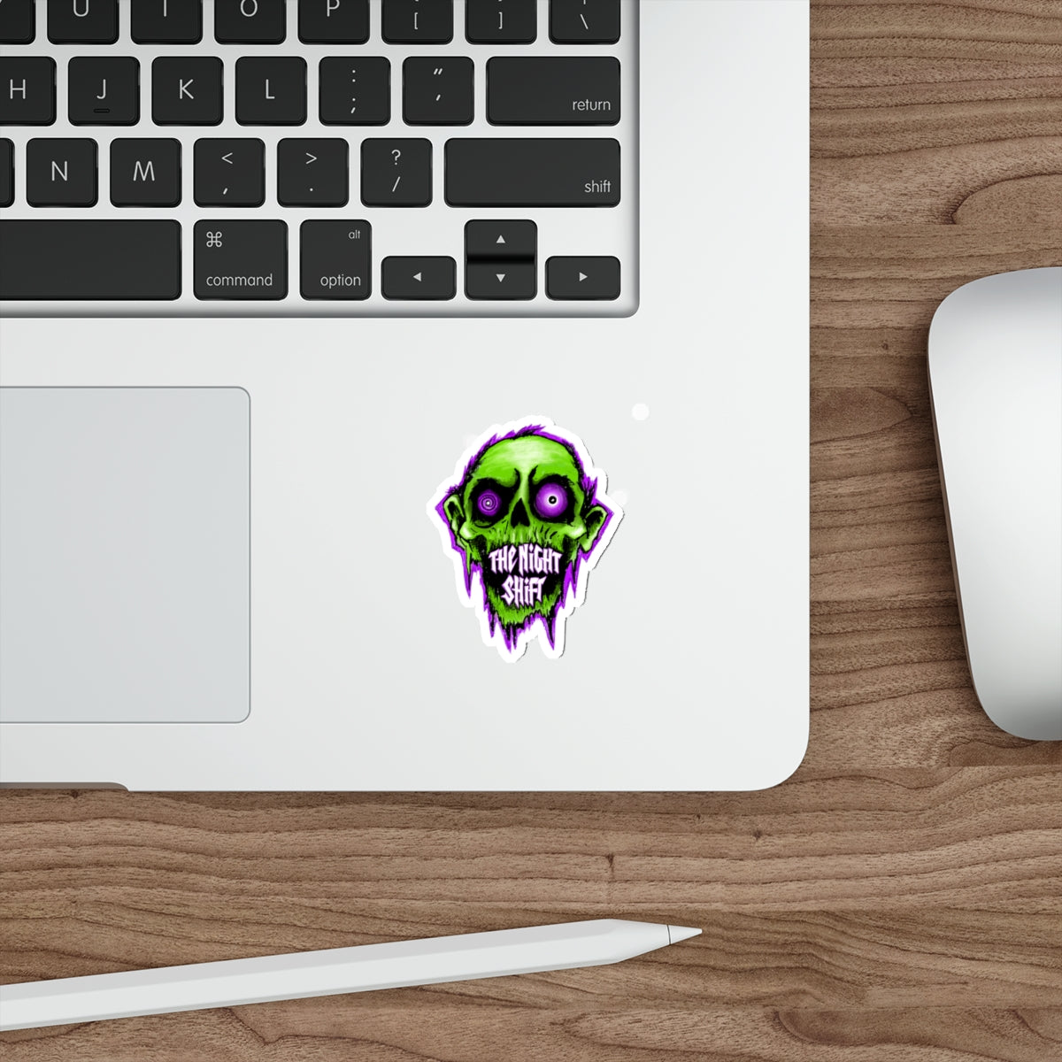 Night Shift Zombie Die-Cut Sticker — Neon Green Skull with ‘The Night Shift’ Text