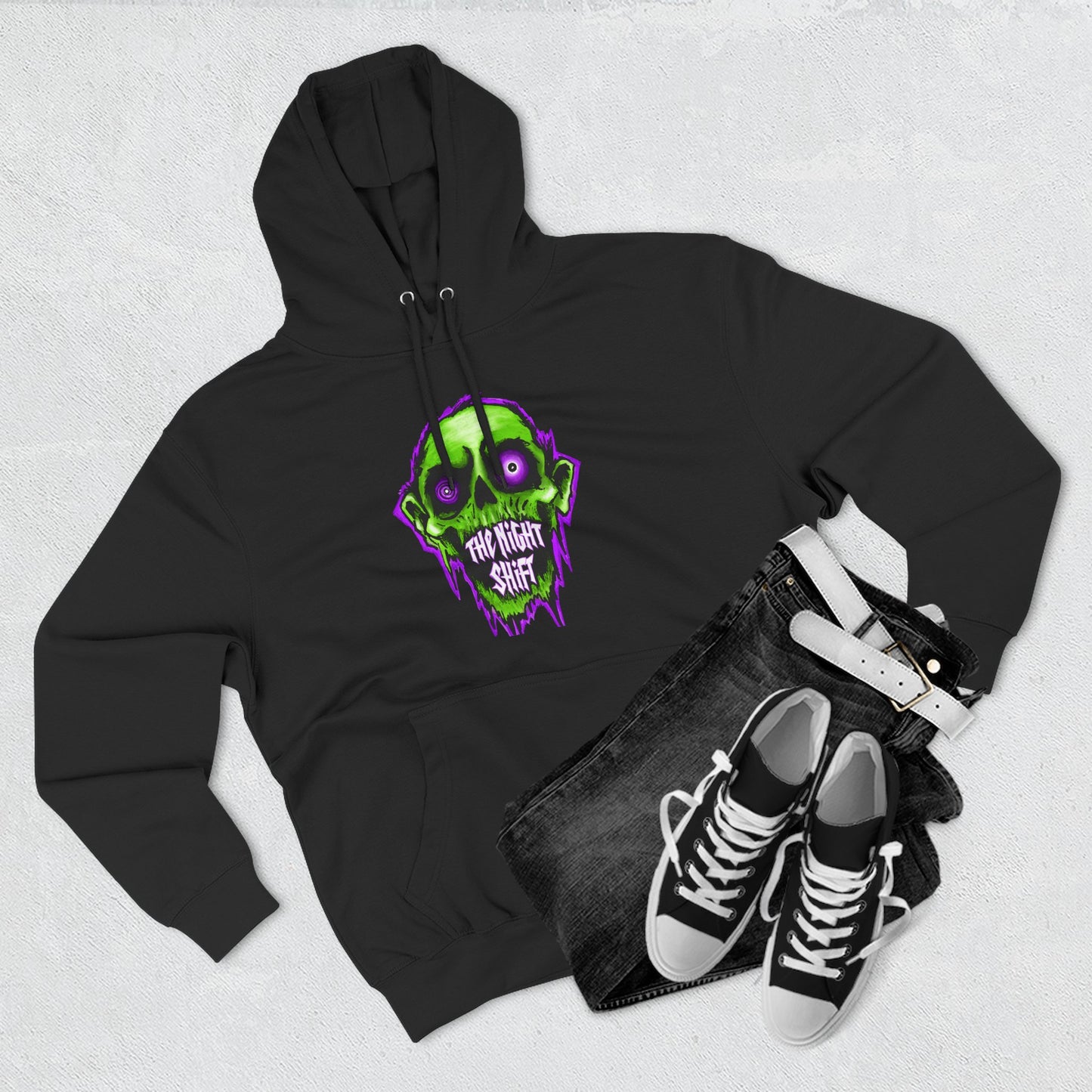 Night Shift Skull Hoodie — Green Neon Graphic Fleece Hoodie