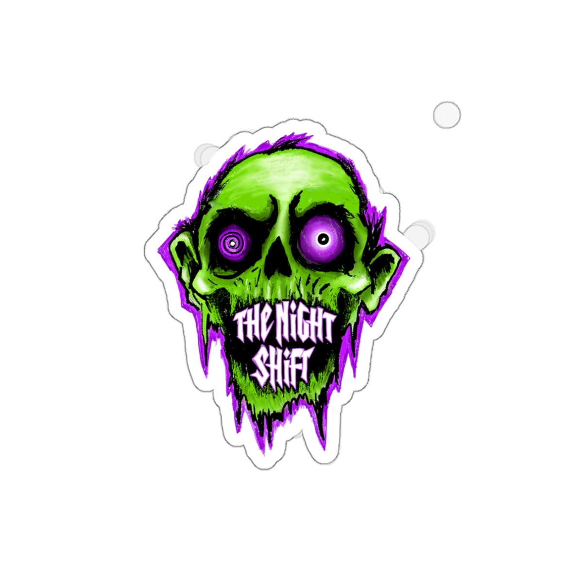 Night Shift Zombie Die-Cut Sticker — Neon Green Skull with ‘The Night Shift’ Text