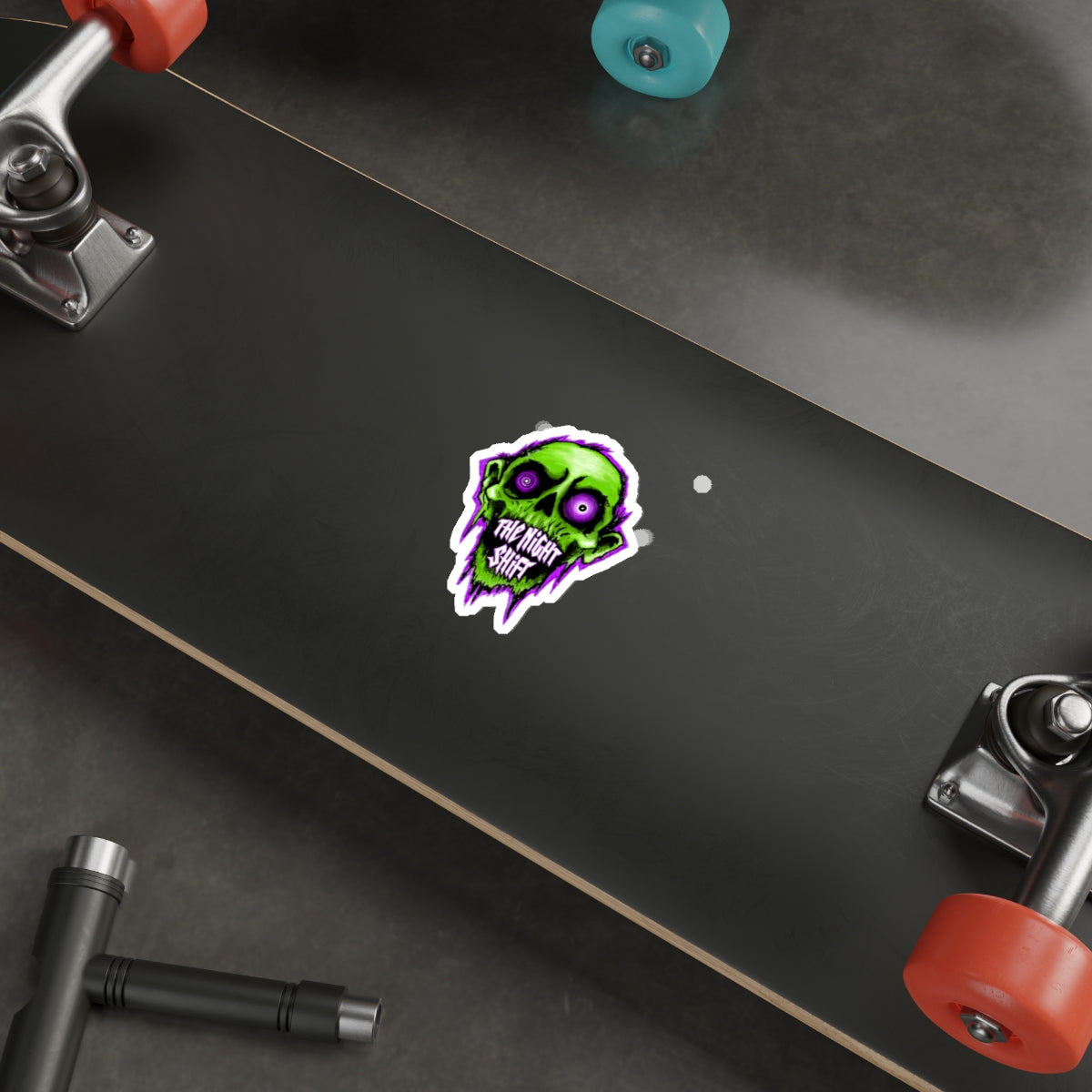 Night Shift Zombie Die-Cut Sticker — Neon Green Skull with ‘The Night Shift’ Text