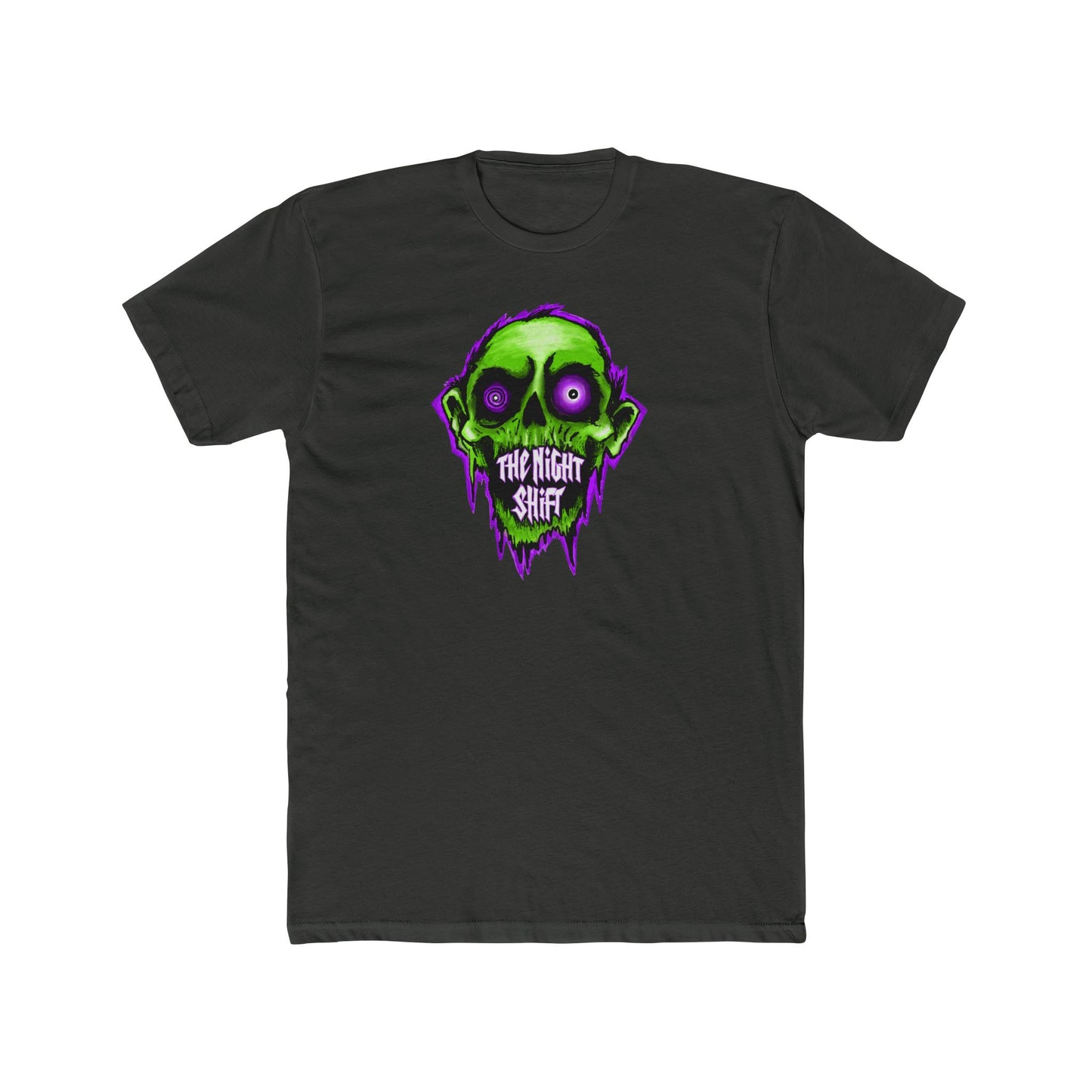 Night Shift Horror Tee — Neon Green Zombie Skull Graphic T-Shirt