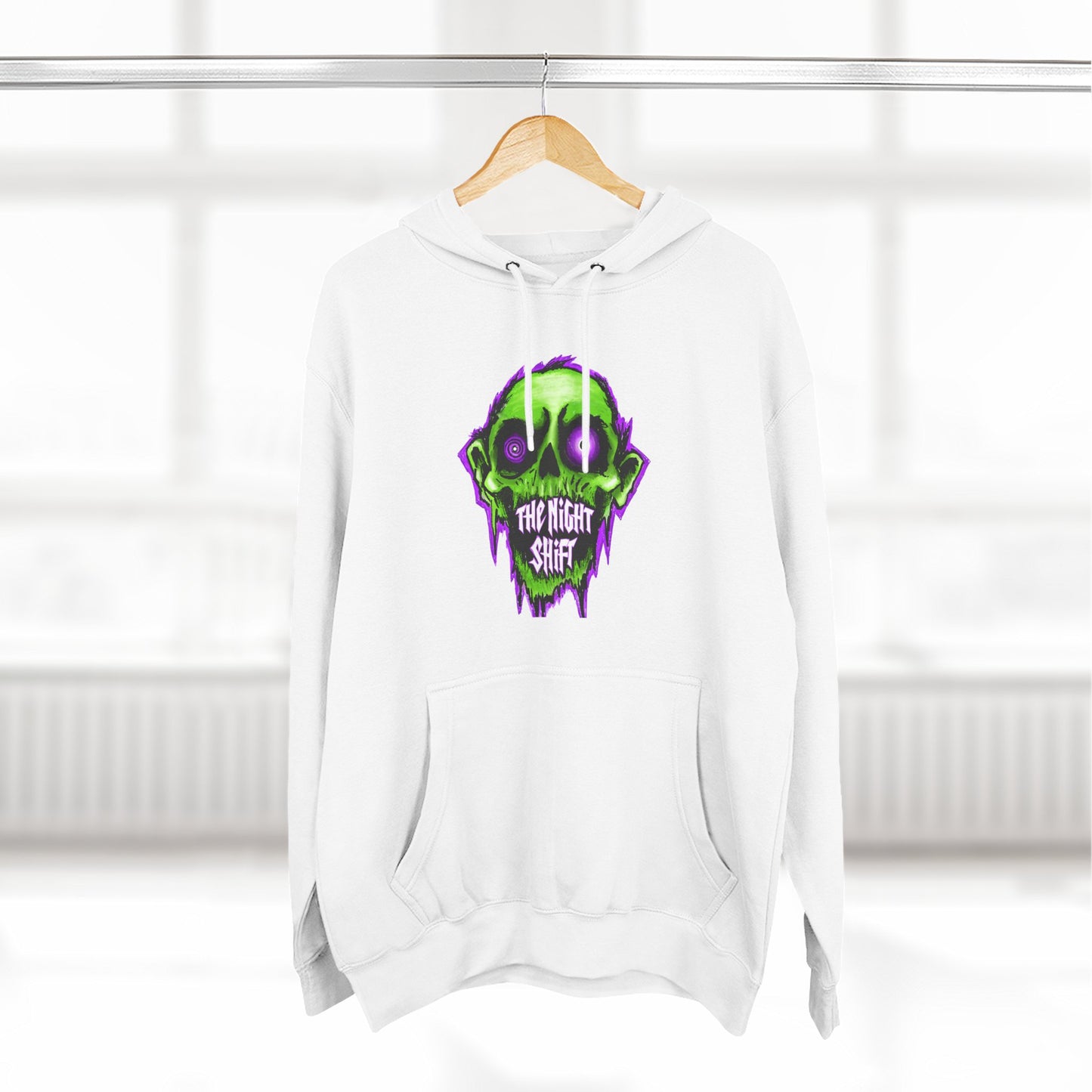 Night Shift Skull Hoodie — Green Neon Graphic Fleece Hoodie