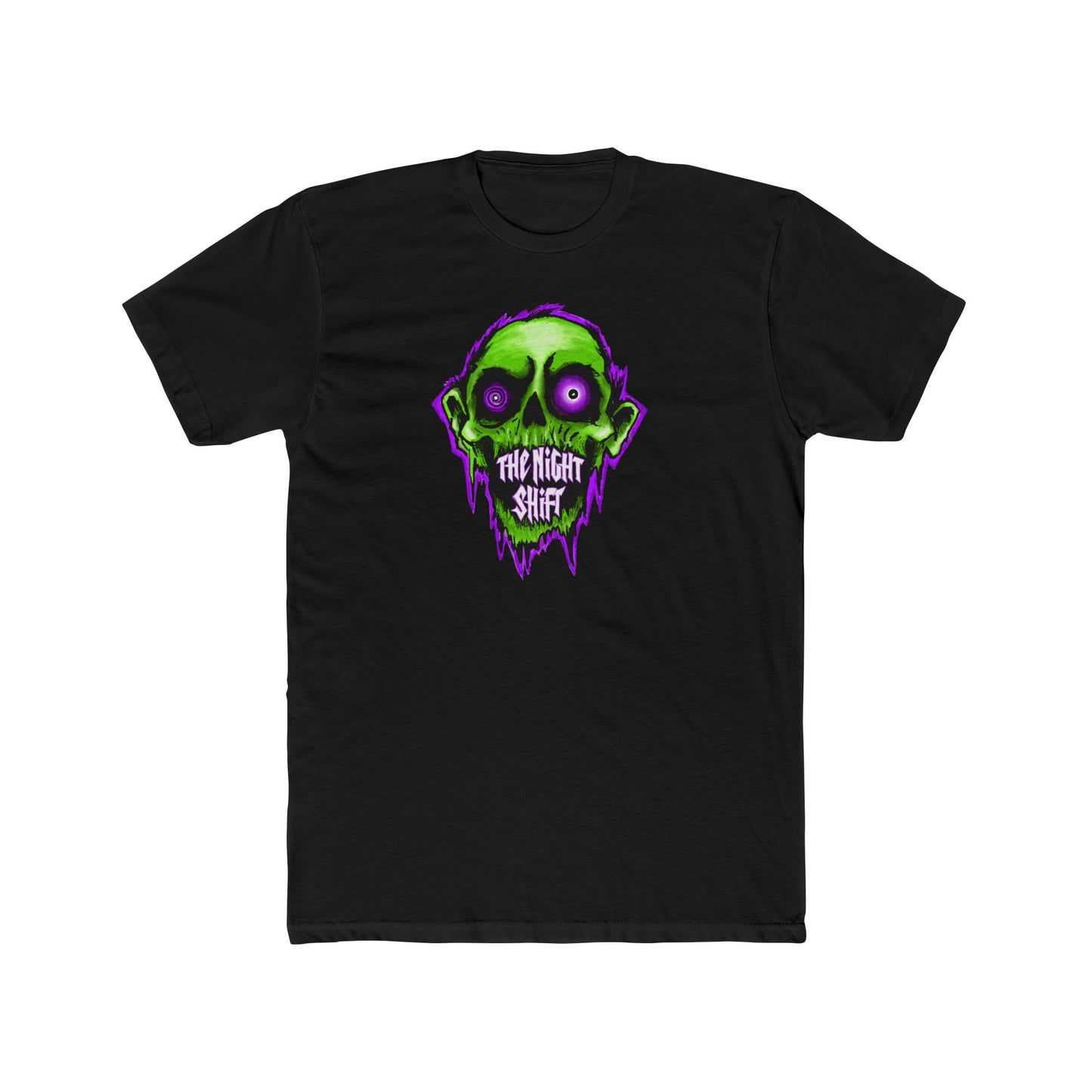 Night Shift Horror Tee — Neon Green Zombie Skull Graphic T-Shirt