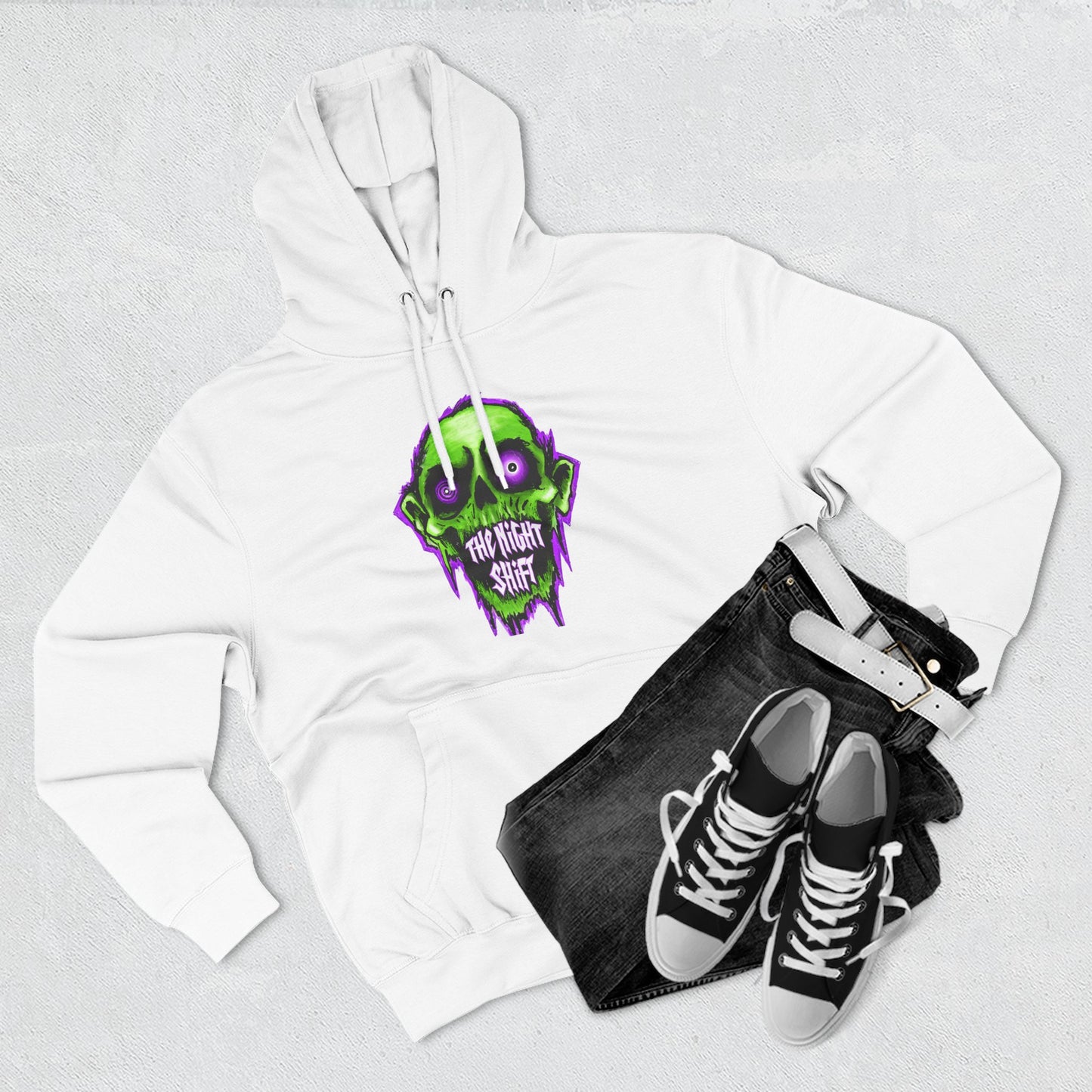 Night Shift Skull Hoodie — Green Neon Graphic Fleece Hoodie