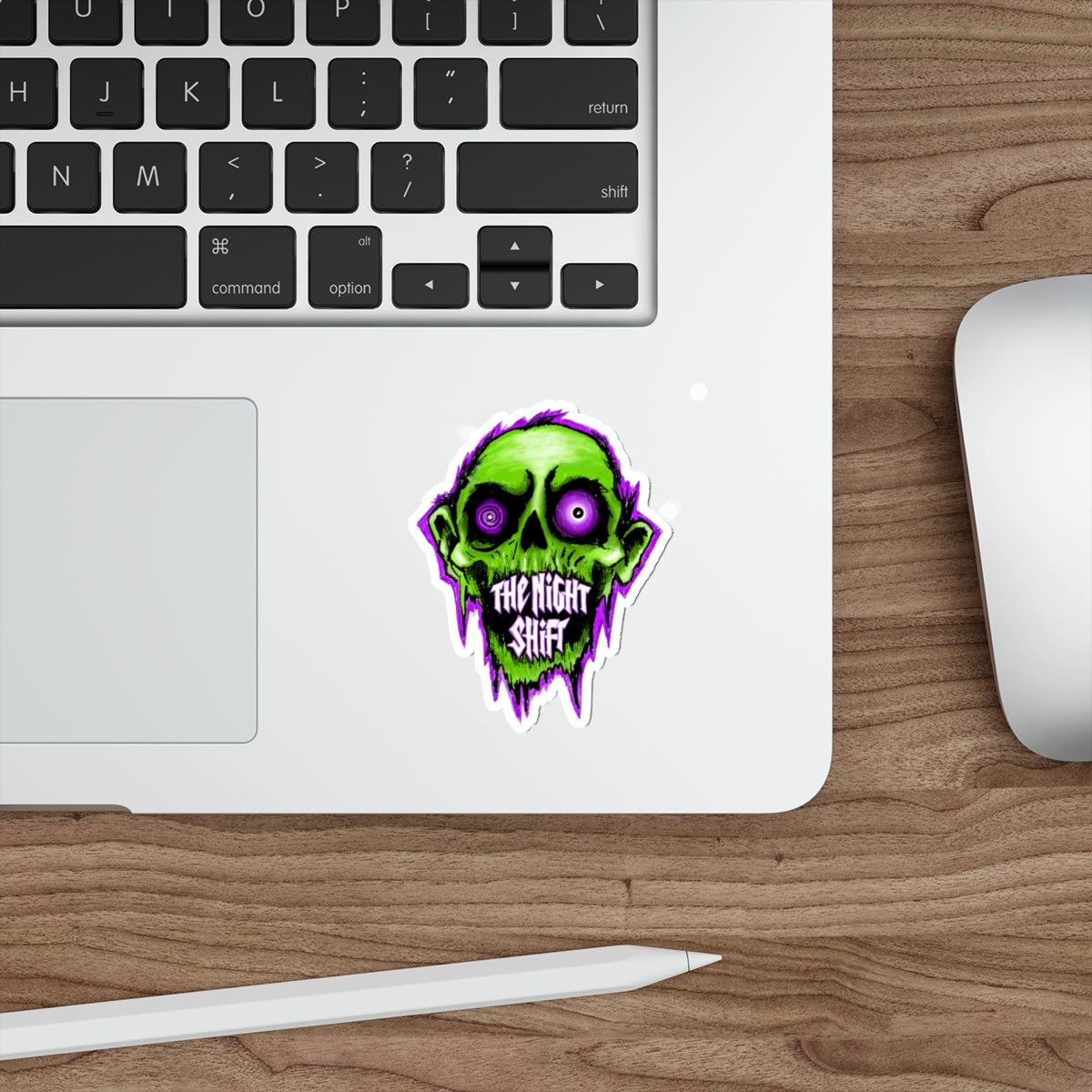 Night Shift Zombie Die-Cut Sticker — Neon Green Skull with ‘The Night Shift’ Text