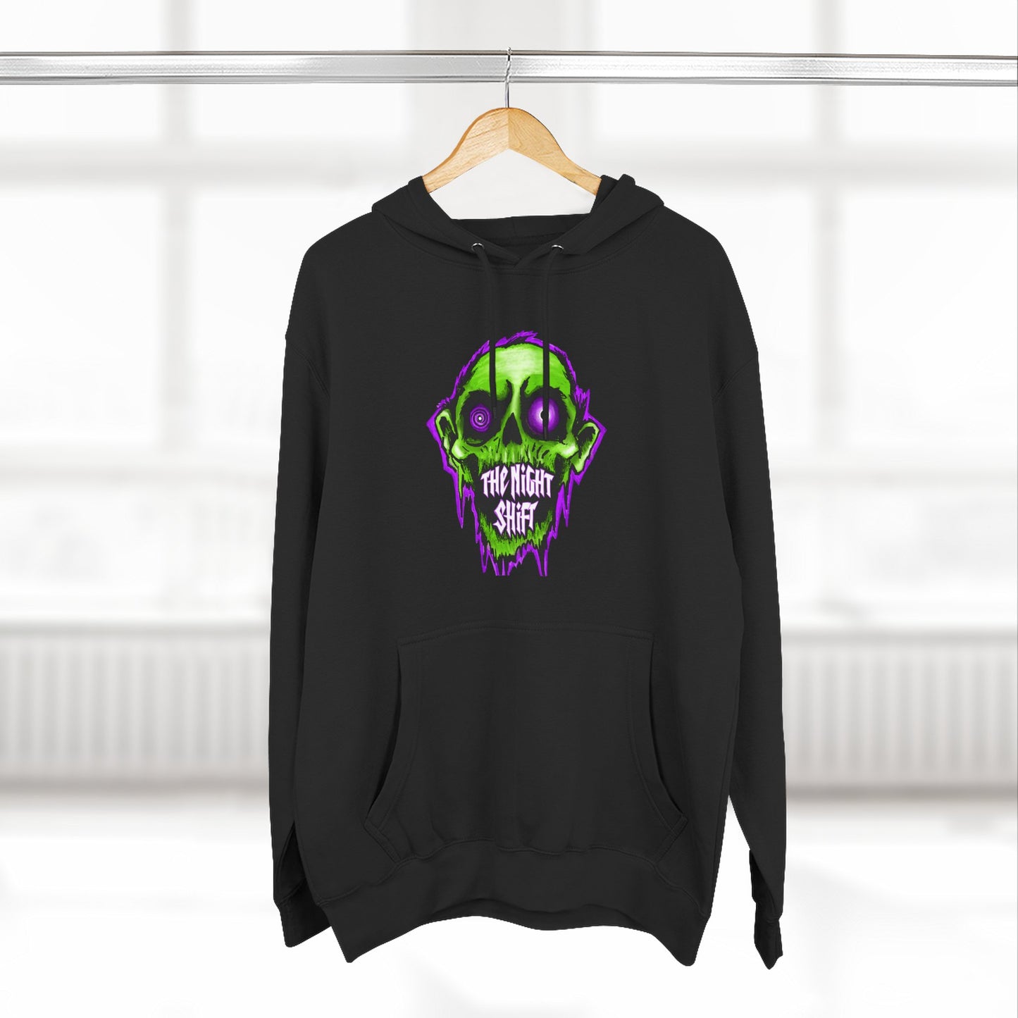 Night Shift Skull Hoodie — Green Neon Graphic Fleece Hoodie
