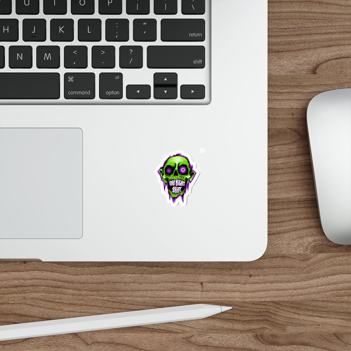 Night Shift Zombie Die-Cut Sticker — Neon Green Skull with ‘The Night Shift’ Text