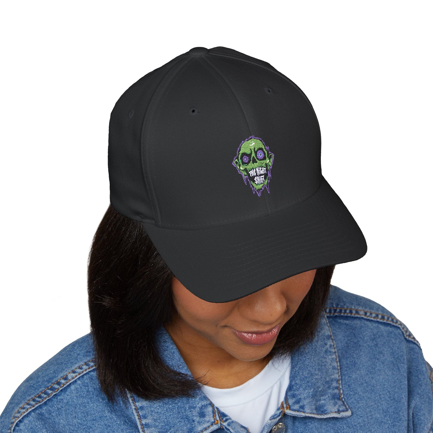 Night Shift with 99% Logo on Back — Black Structured Hat with Tiny Back Floral Accent