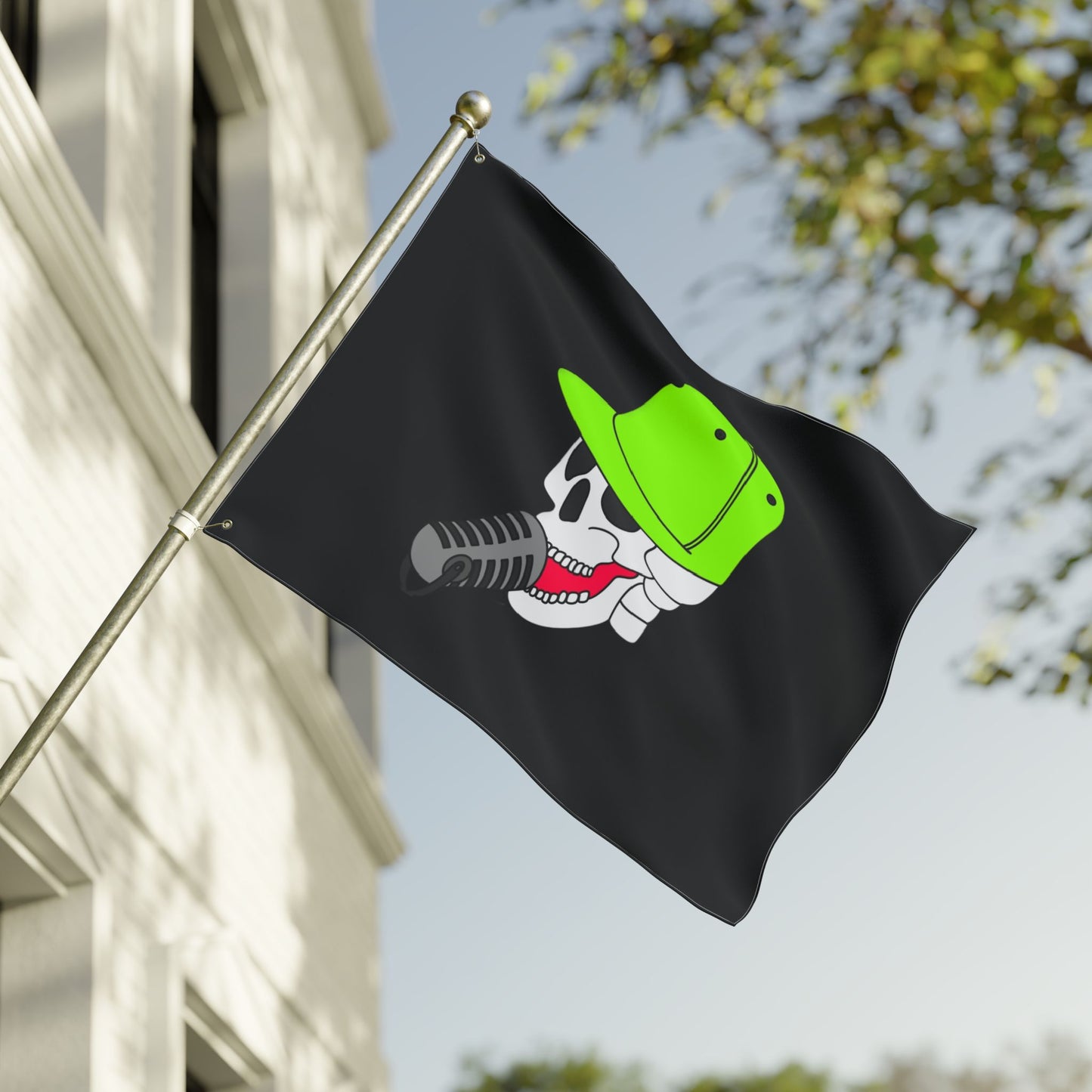 Anti Hero Logo Flag — Double-Sided Black Outdoor Banner with Neon Green Cap