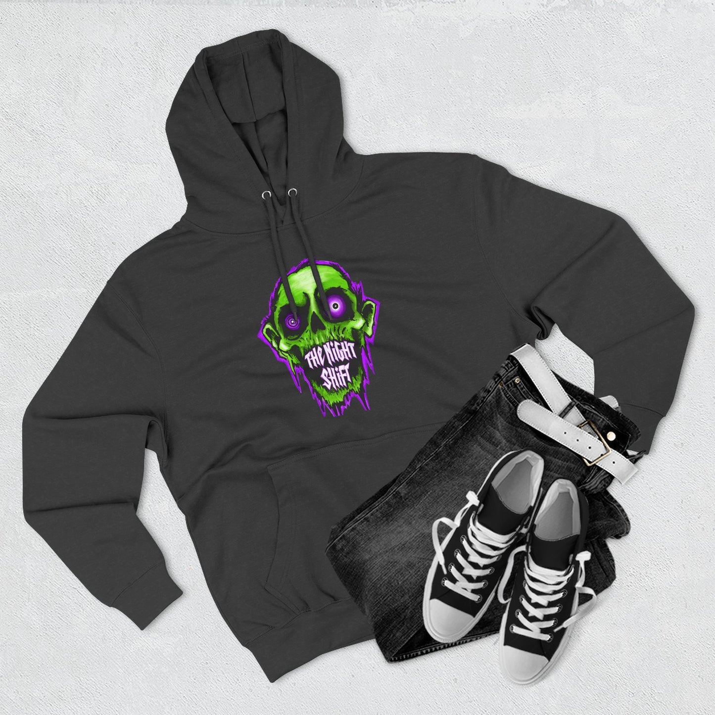 Night Shift Skull Hoodie — Green Neon Graphic Fleece Hoodie