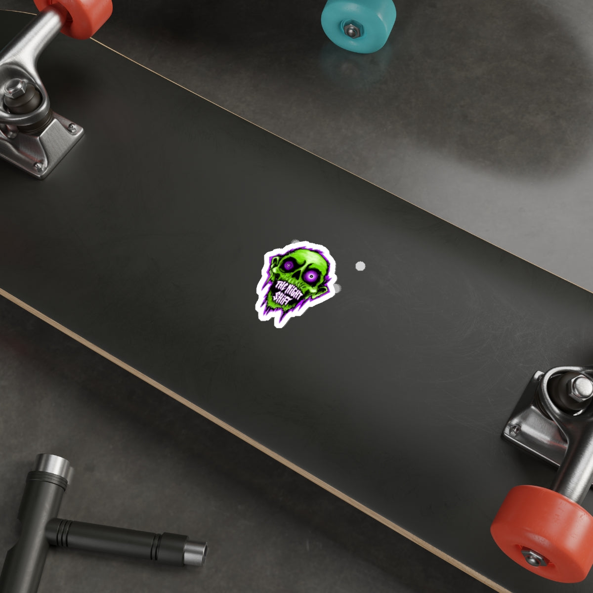 Night Shift Zombie Die-Cut Sticker — Neon Green Skull with ‘The Night Shift’ Text