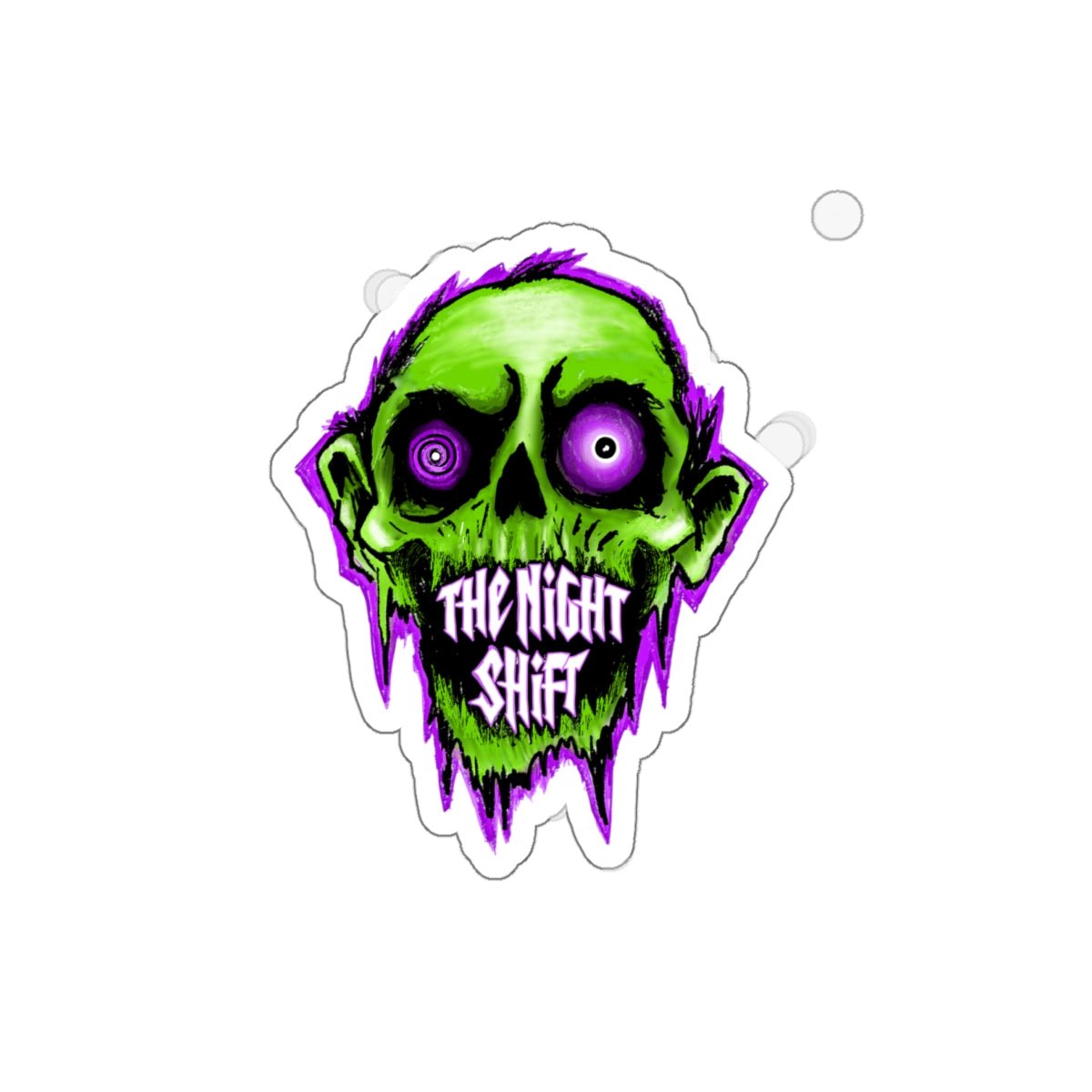 Night Shift Zombie Die-Cut Sticker — Neon Green Skull with ‘The Night Shift’ Text